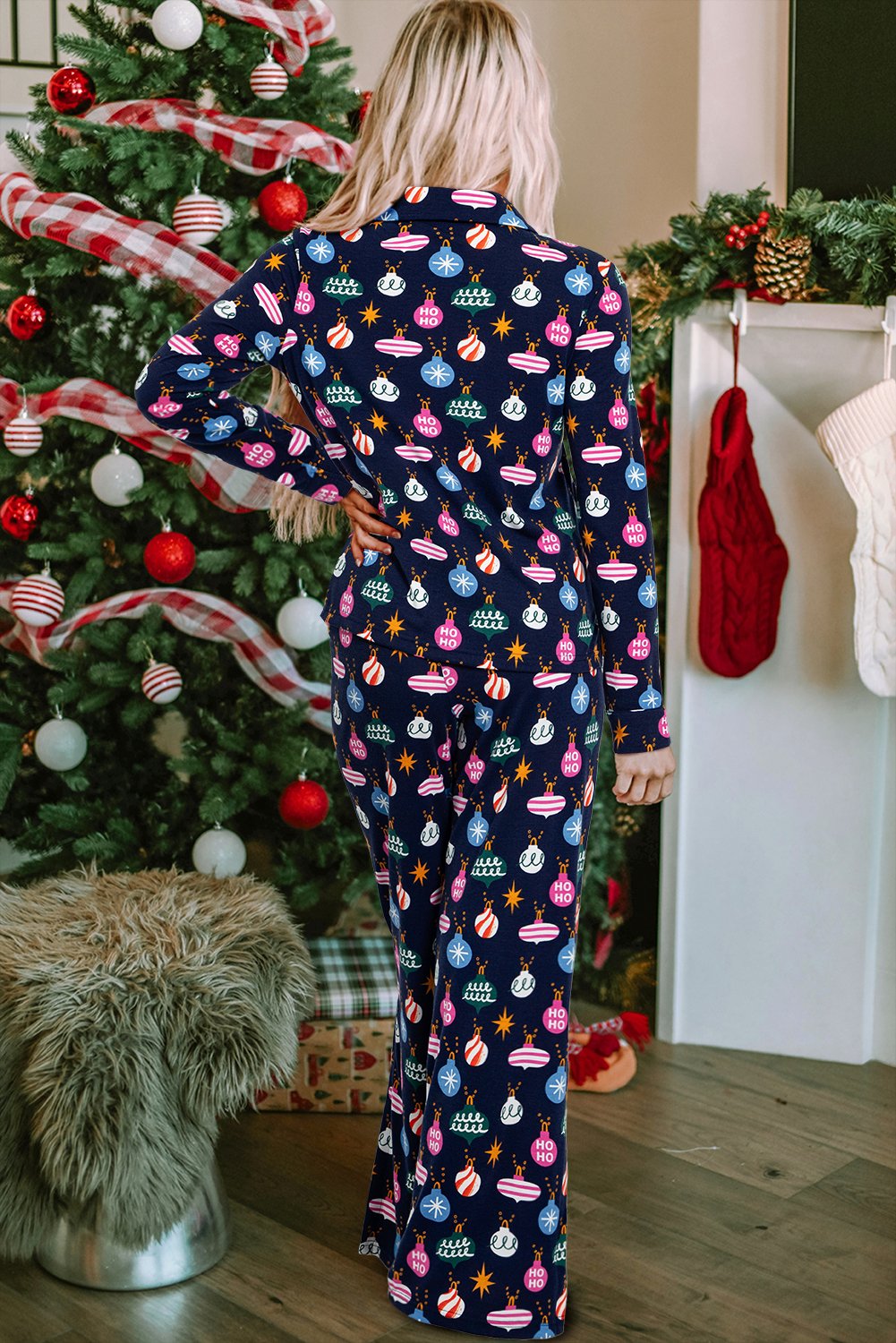 Christmas Lights Print Collared Neck Top and Pants Set - Bella Blue Styles