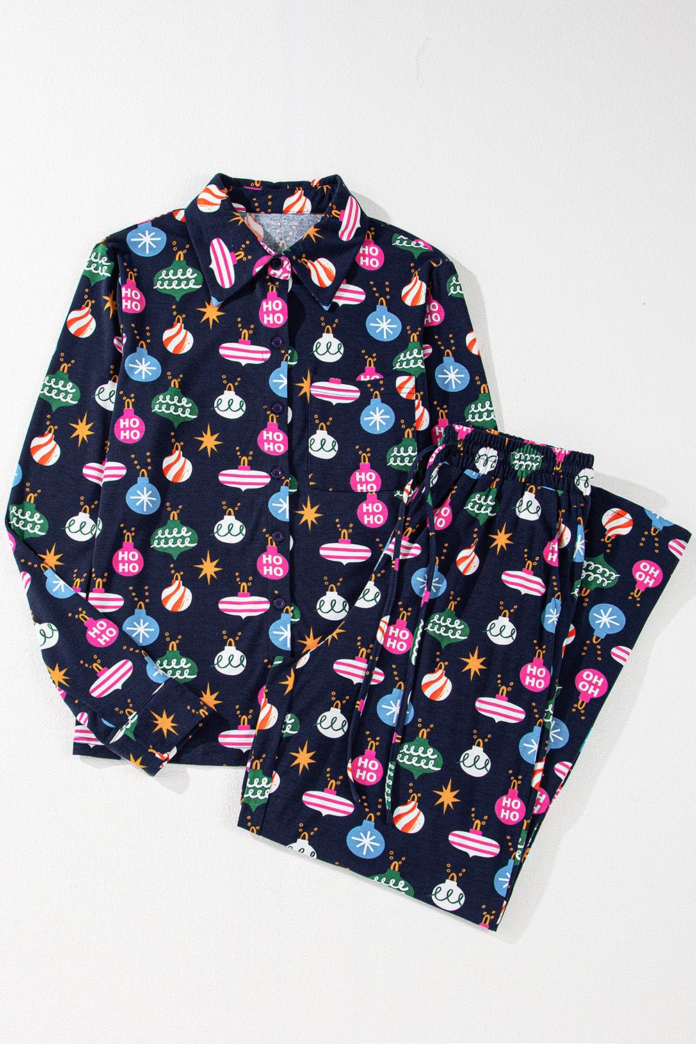 Christmas Lights Print Collared Neck Top and Pants Set - Bella Blue Styles
