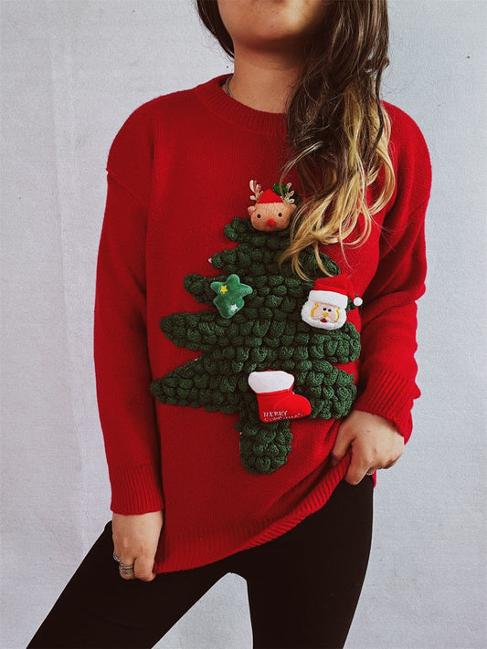 Christmas Tree Round Neck Long Sleeve Sweater - Bella Blue Styles