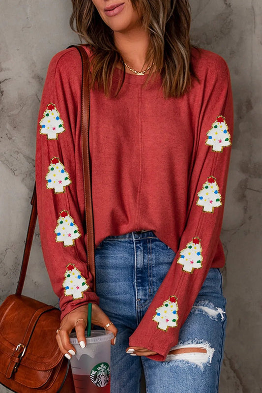 Christmas Tree Round Neck Long Sleeve Top - Bella Blue Styles