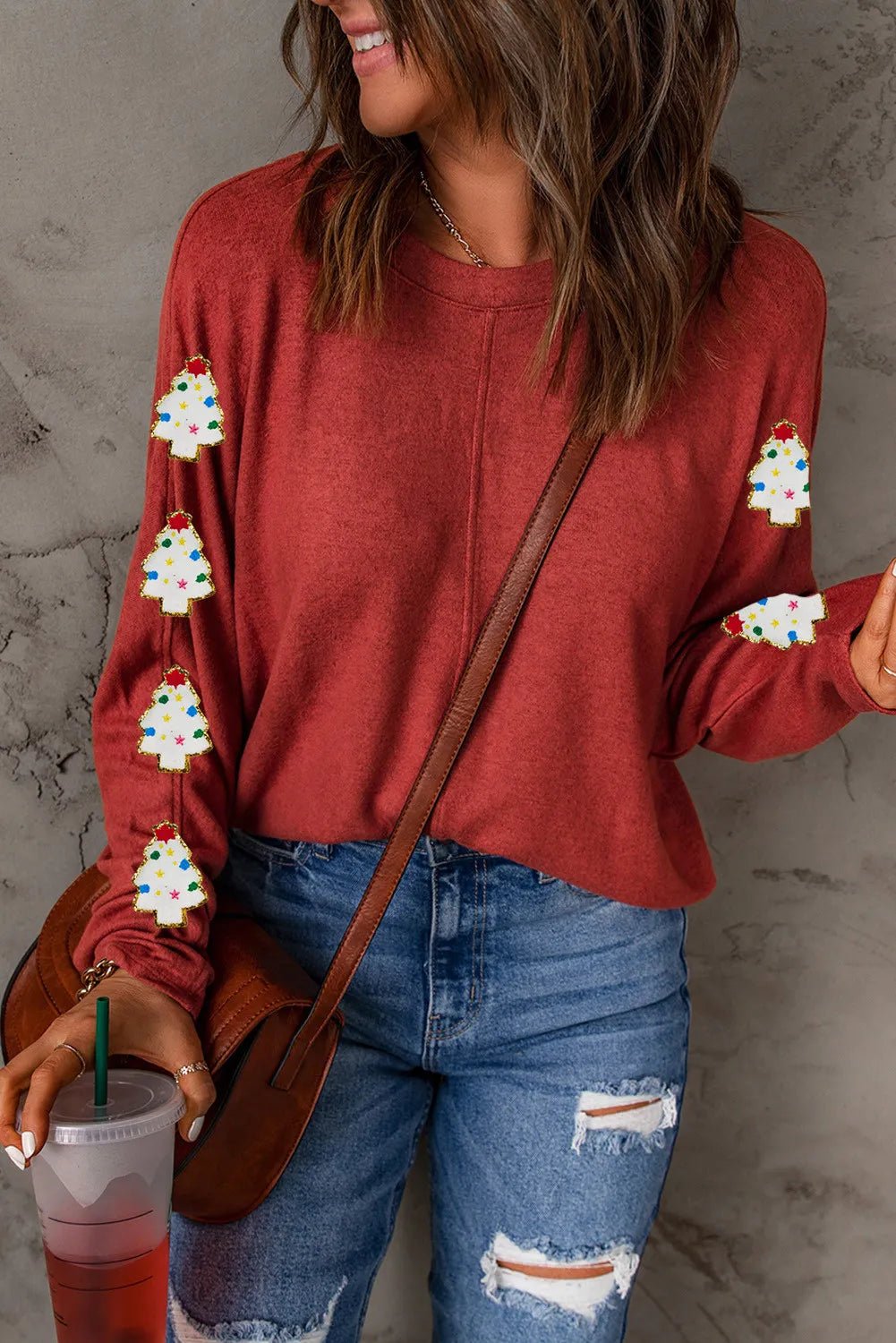 Christmas Tree Round Neck Long Sleeve Top - Bella Blue Styles