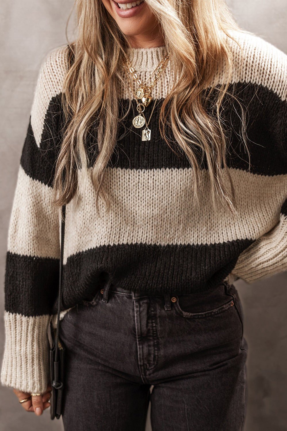 Color Block Round Neck Sweater - Bella Blue Styles