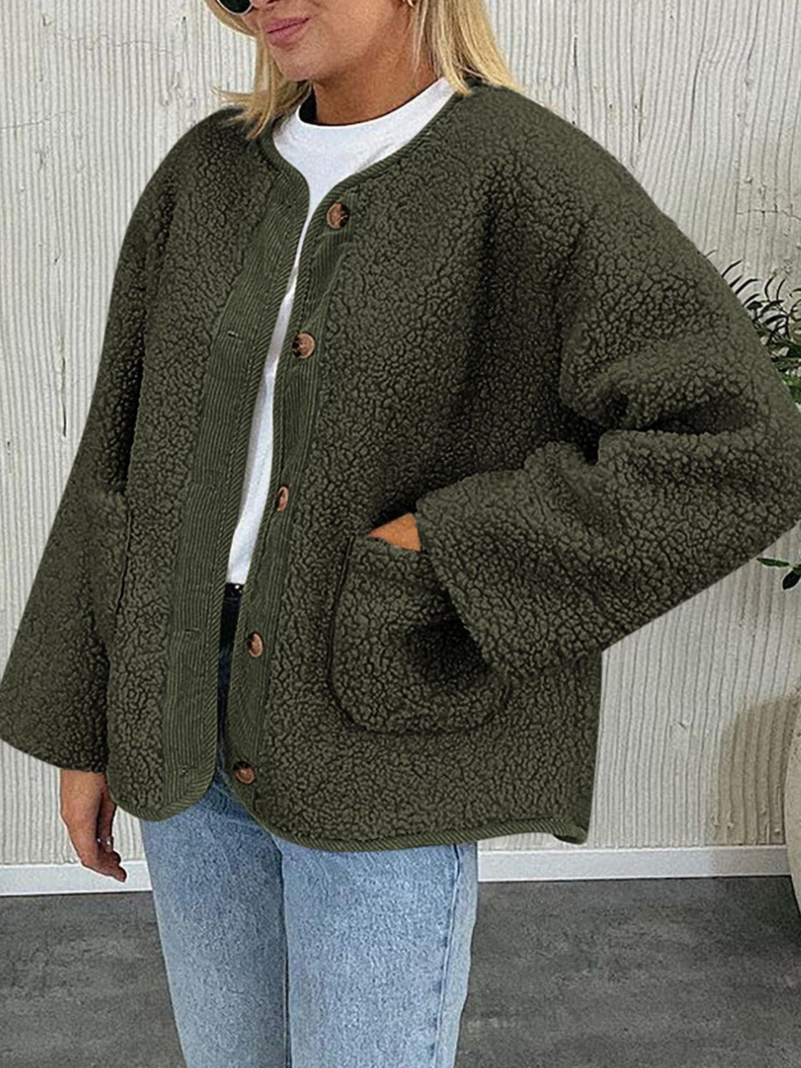Contrast Button Up Sherpa Jacket with Pockets - Bella Blue Styles