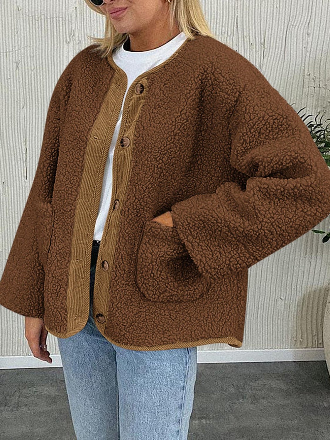 Contrast Button Up Sherpa Jacket with Pockets - Bella Blue Styles
