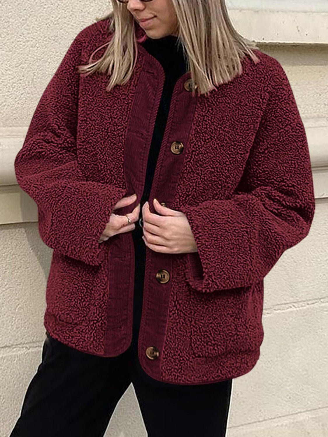 Contrast Button Up Sherpa Jacket with Pockets - Bella Blue Styles