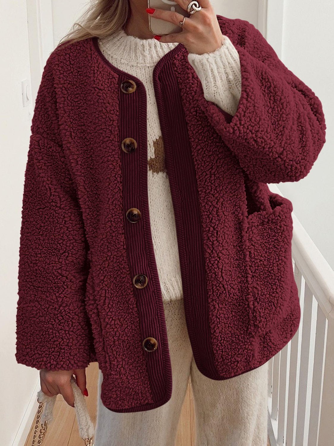 Contrast Button Up Sherpa Jacket with Pockets - Bella Blue Styles