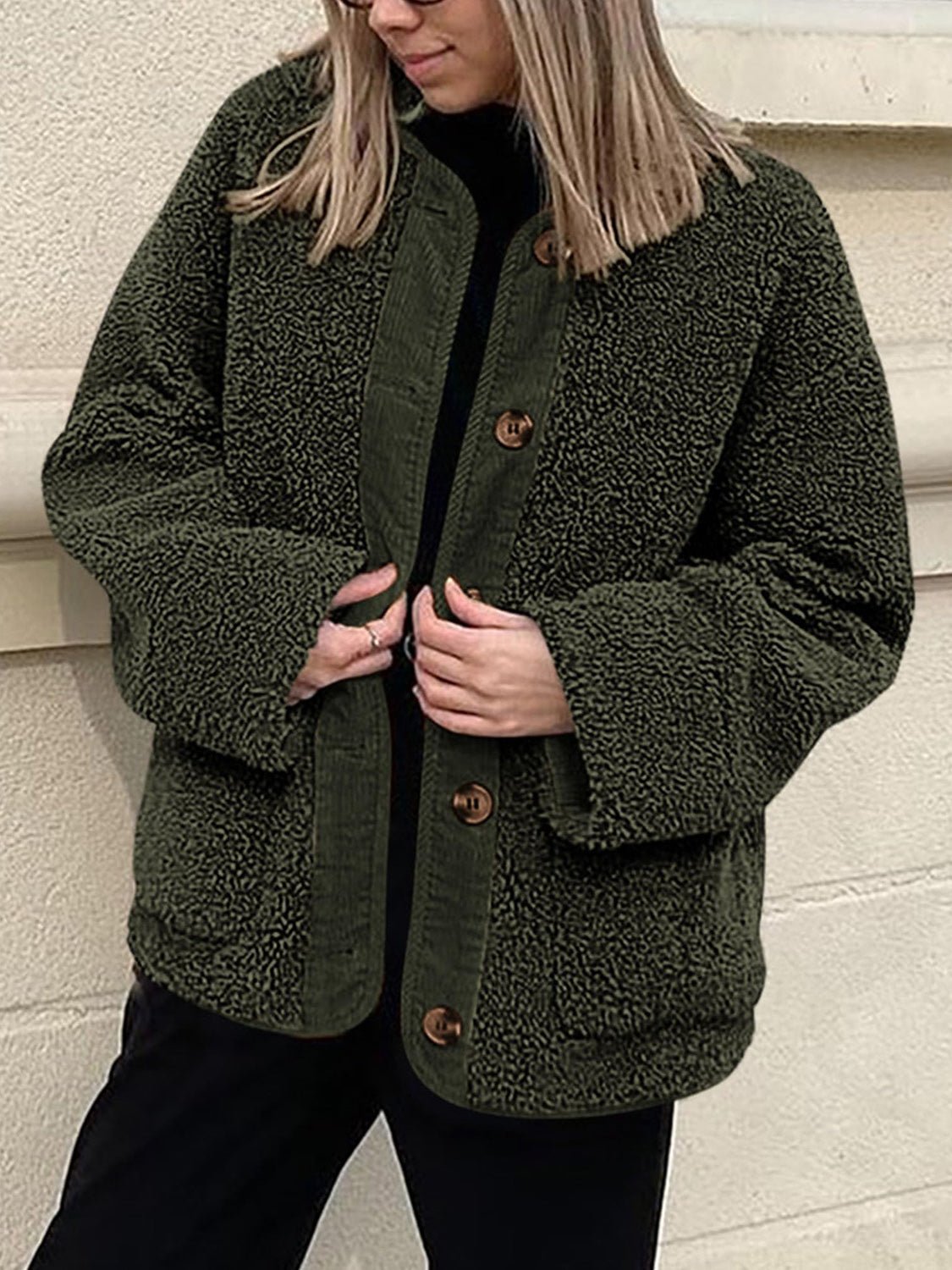 Contrast Button Up Sherpa Jacket with Pockets - Bella Blue Styles