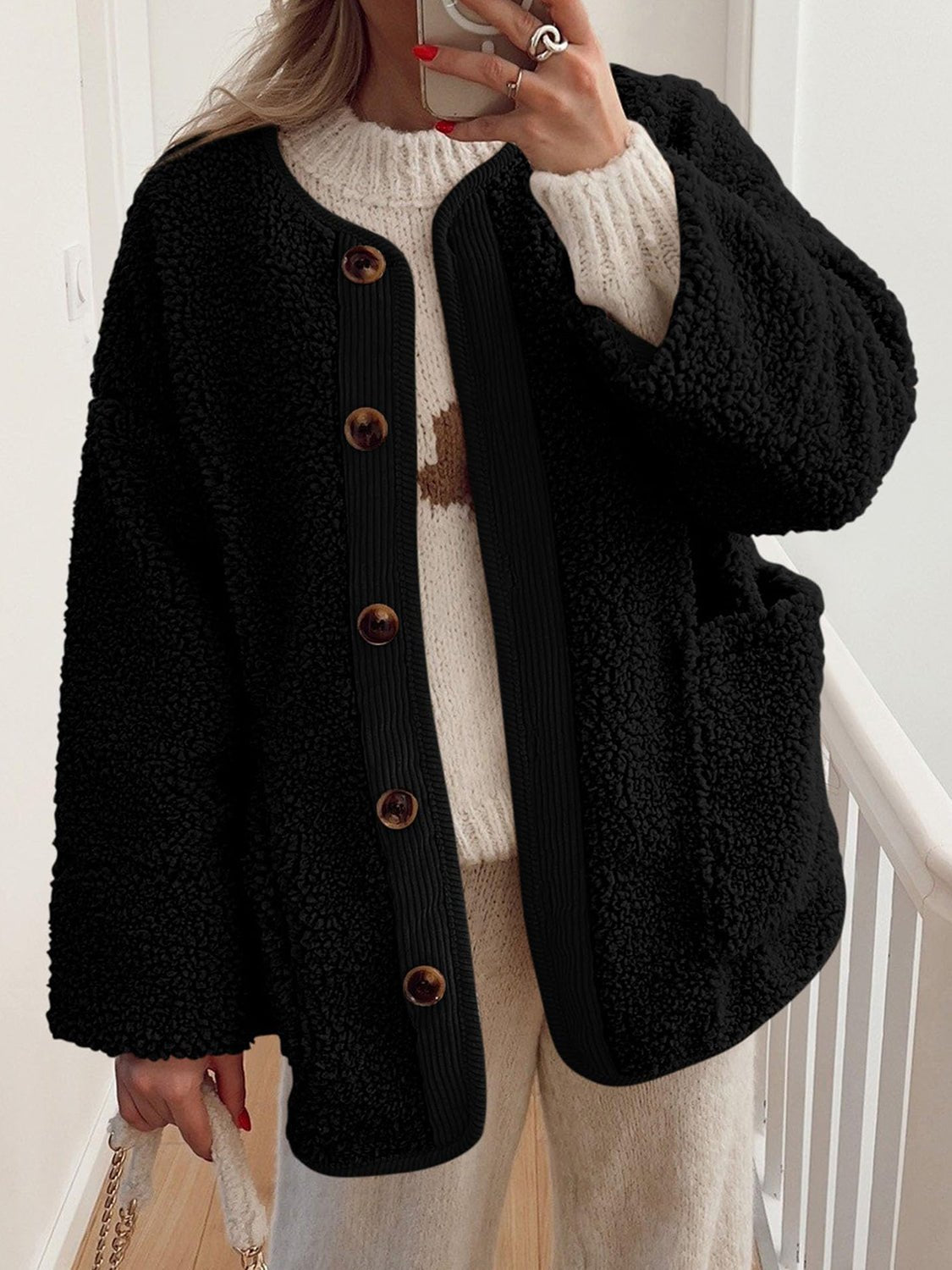 Contrast Button Up Sherpa Jacket with Pockets - Bella Blue Styles