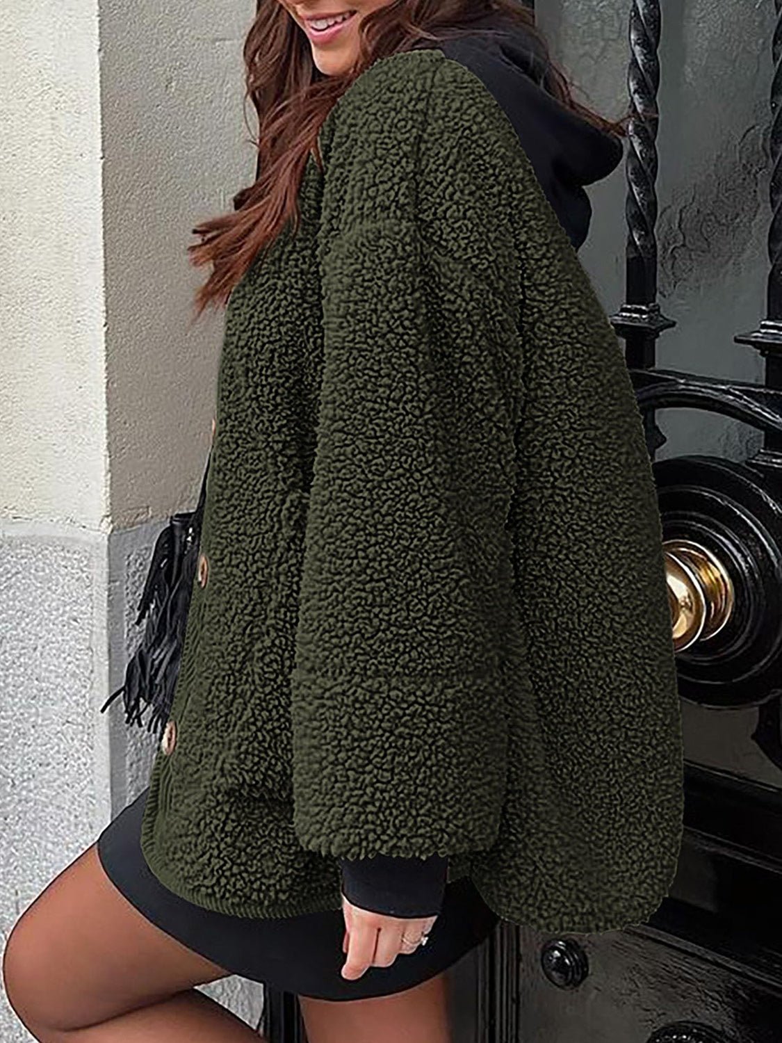 Contrast Button Up Sherpa Jacket with Pockets - Bella Blue Styles