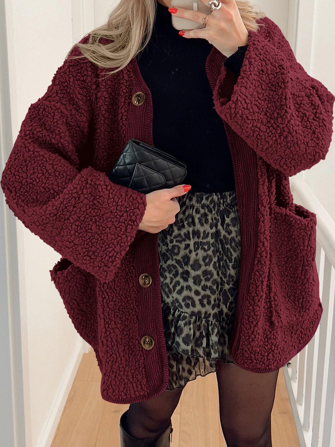 Contrast Button Up Sherpa Jacket with Pockets - Bella Blue Styles