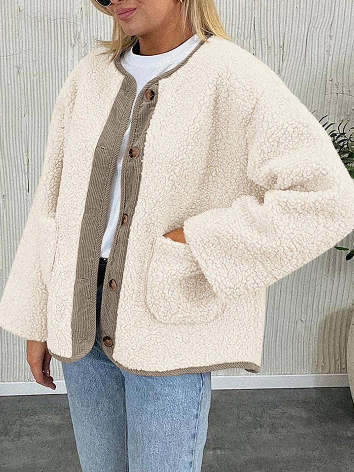 Contrast Button Up Sherpa Jacket with Pockets - Bella Blue Styles