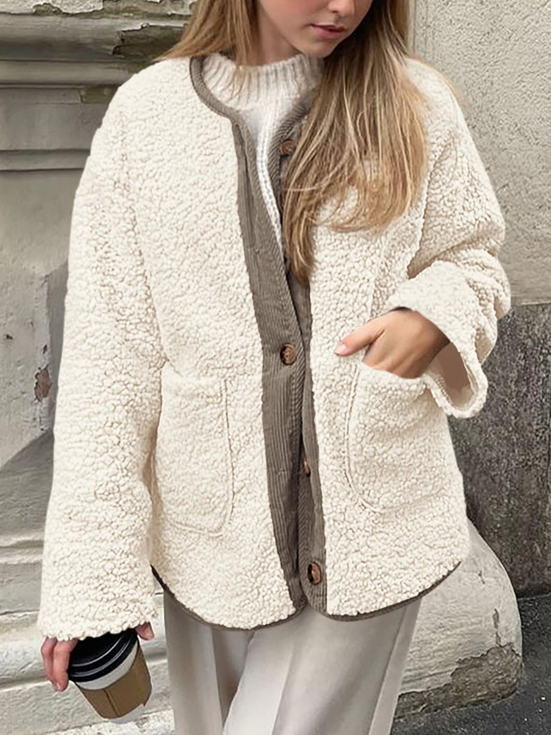 Contrast Button Up Sherpa Jacket with Pockets - Bella Blue Styles