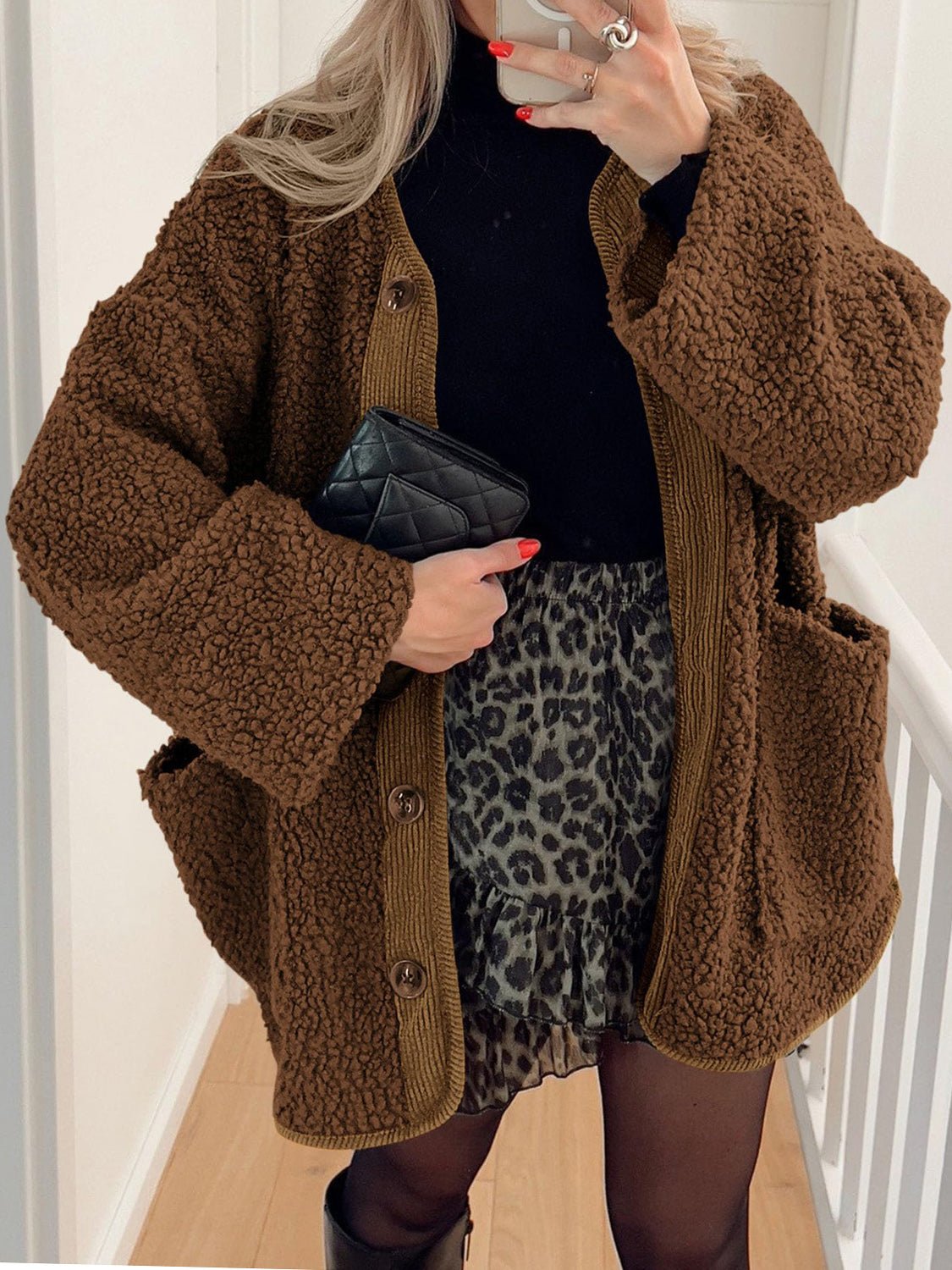 Contrast Button Up Sherpa Jacket with Pockets - Bella Blue Styles