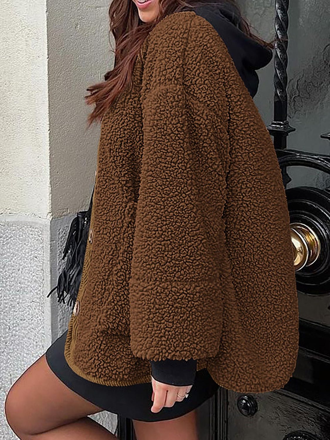 Contrast Button Up Sherpa Jacket with Pockets - Bella Blue Styles