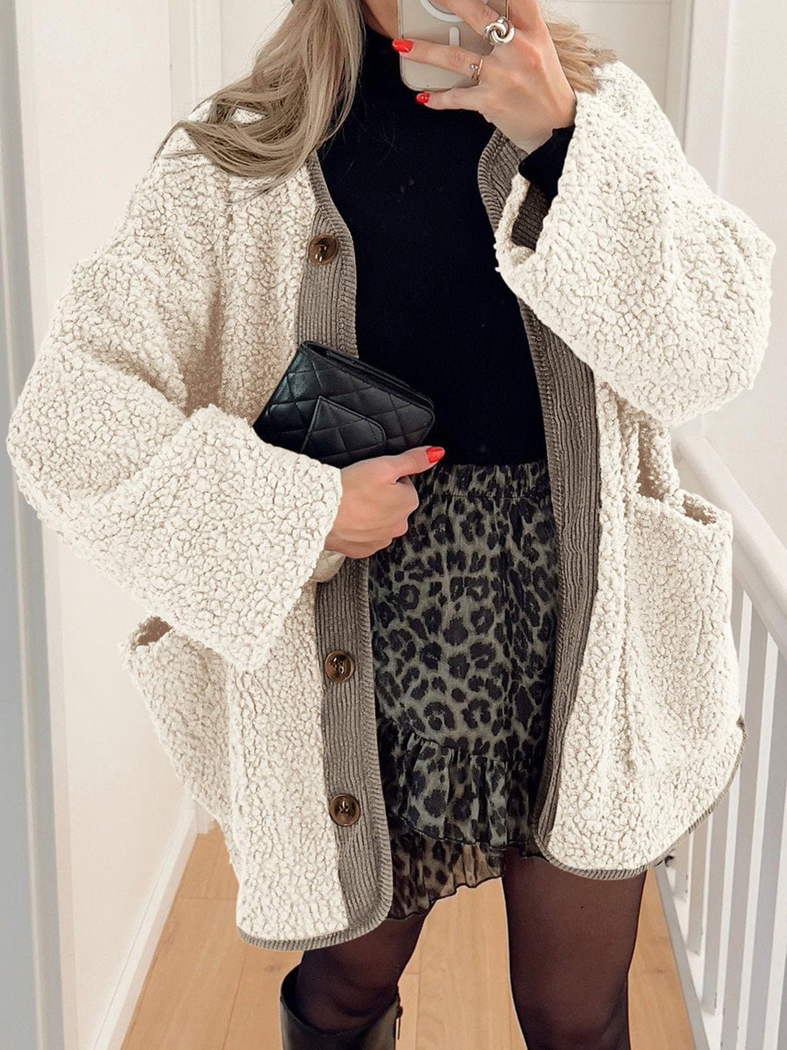 Contrast Button Up Sherpa Jacket with Pockets - Bella Blue Styles