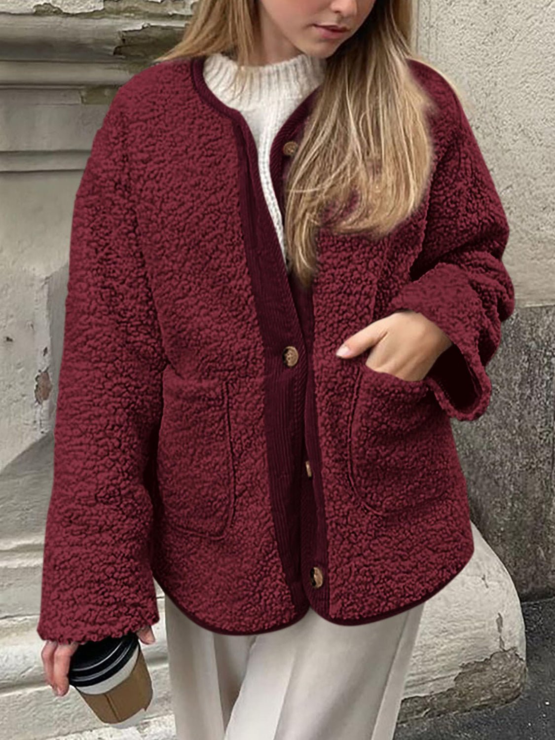 Contrast Button Up Sherpa Jacket with Pockets - Bella Blue Styles
