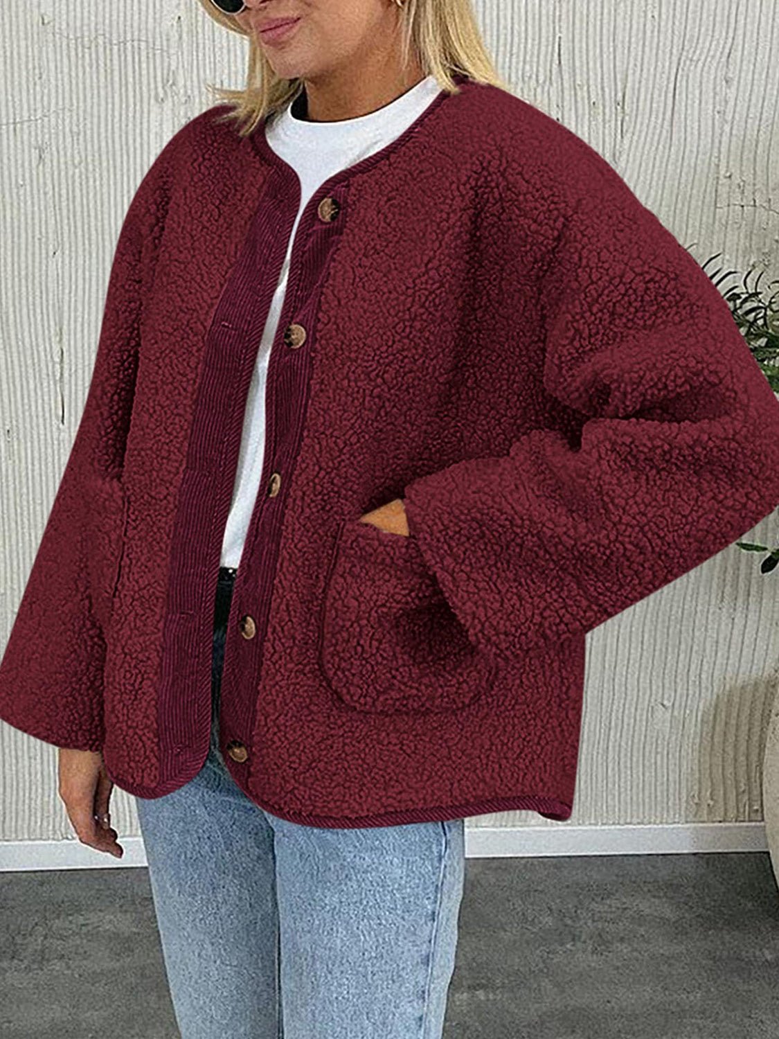 Contrast Button Up Sherpa Jacket with Pockets - Bella Blue Styles