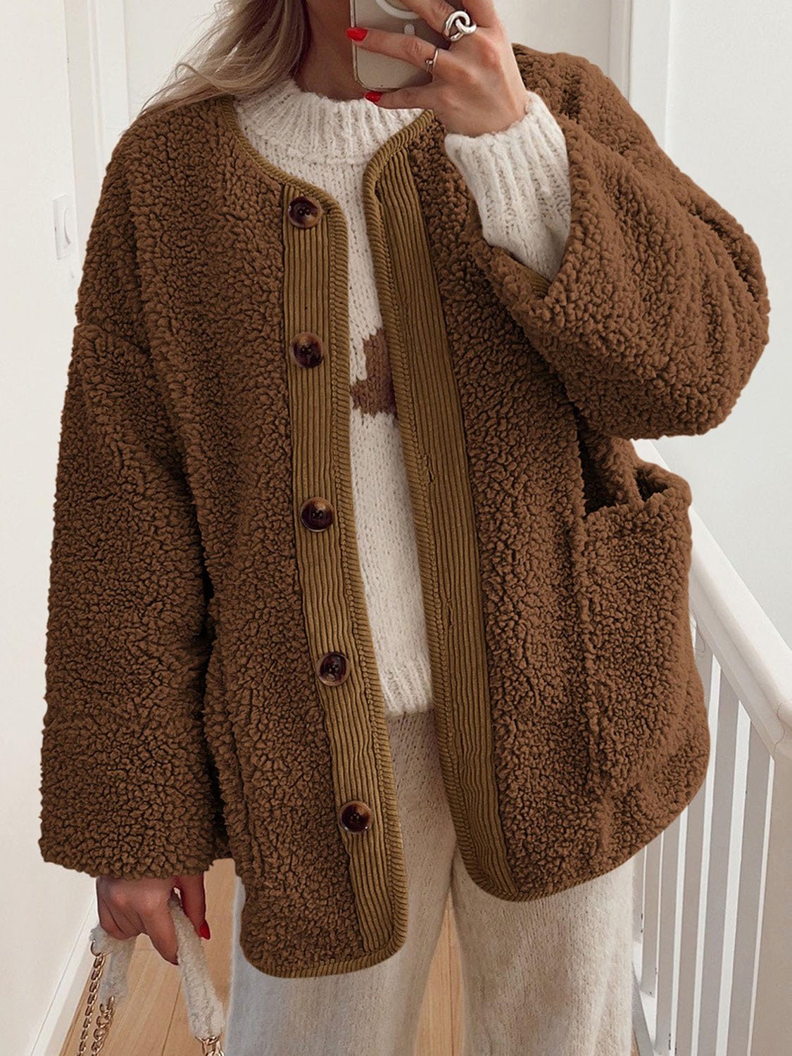 Contrast Button Up Sherpa Jacket with Pockets - Bella Blue Styles
