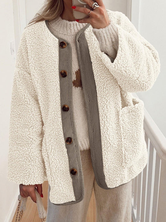 Contrast Button Up Sherpa Jacket with Pockets - Bella Blue Styles
