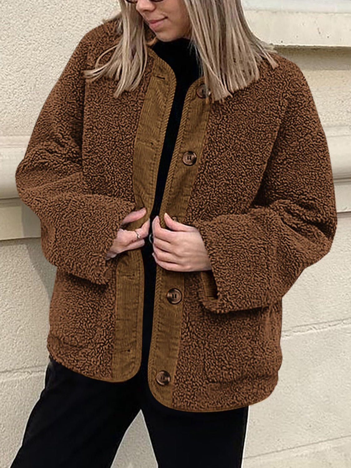 Contrast Button Up Sherpa Jacket with Pockets - Bella Blue Styles