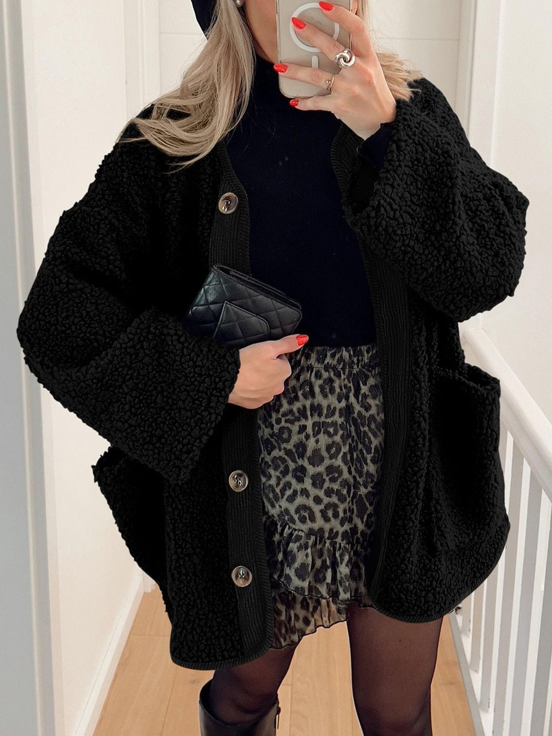 Contrast Button Up Sherpa Jacket with Pockets - Bella Blue Styles