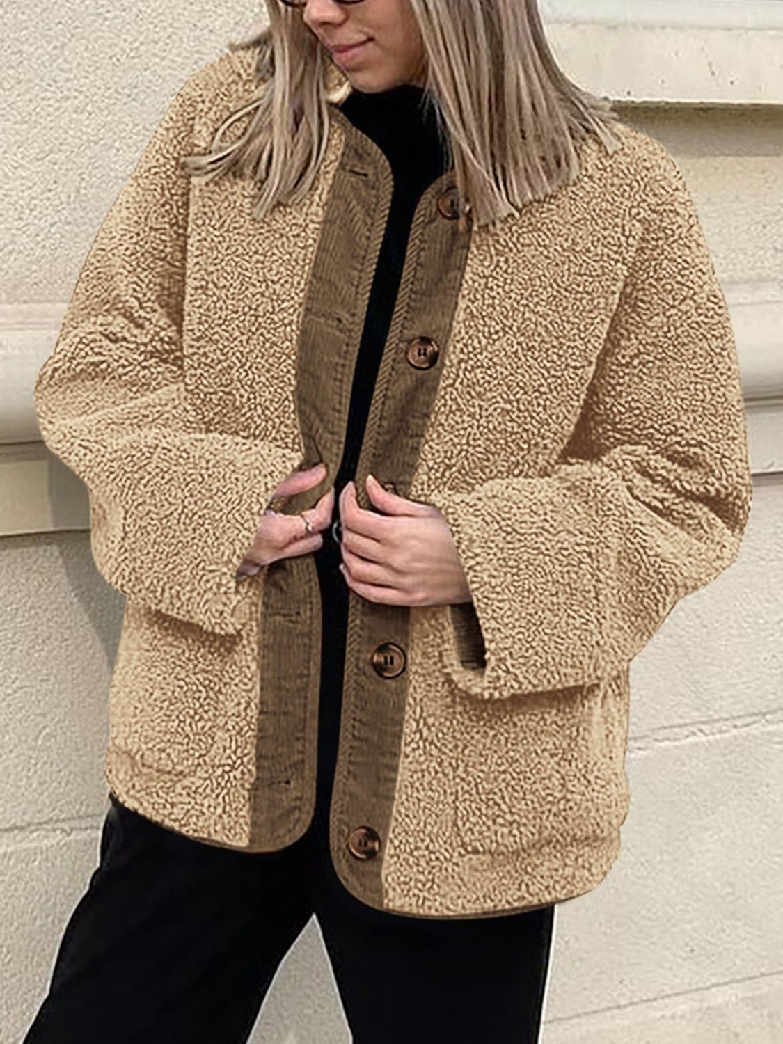 Contrast Button Up Sherpa Jacket with Pockets - Bella Blue Styles