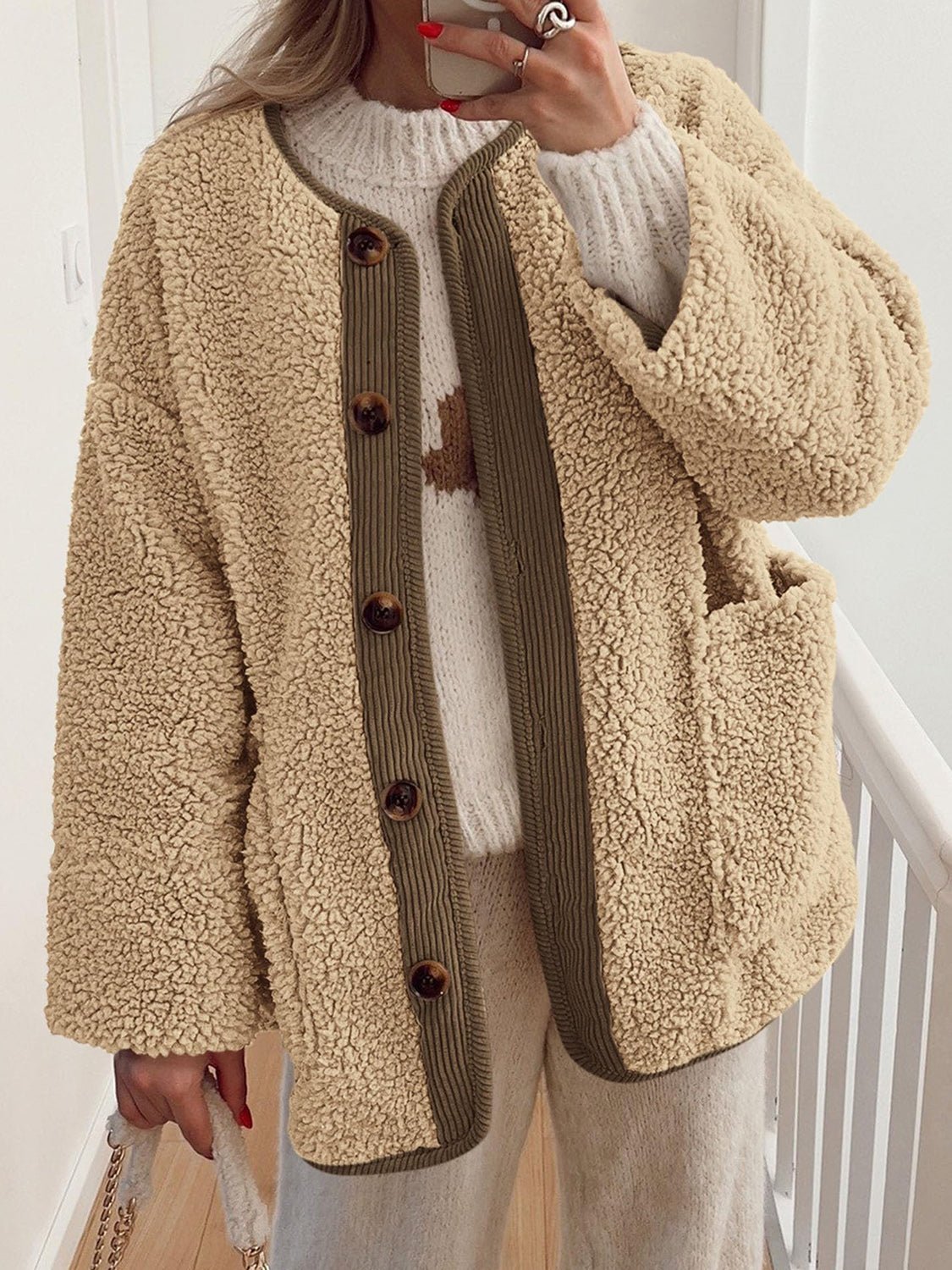Contrast Button Up Sherpa Jacket with Pockets - Bella Blue Styles
