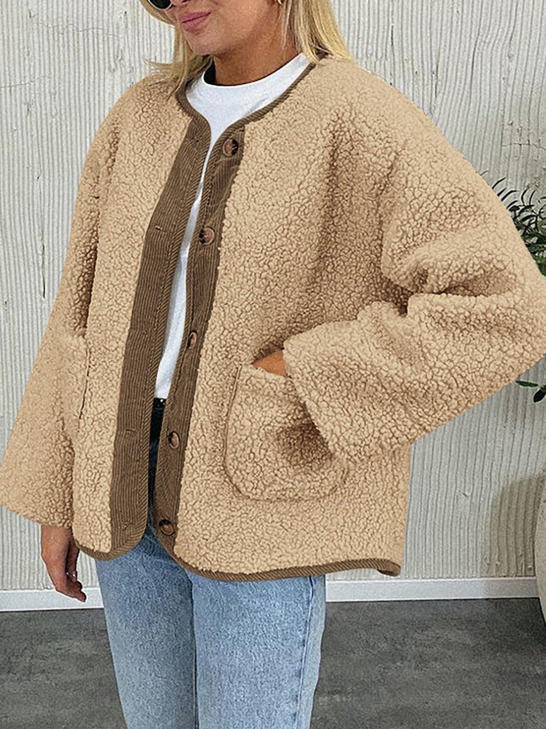Contrast Button Up Sherpa Jacket with Pockets - Bella Blue Styles