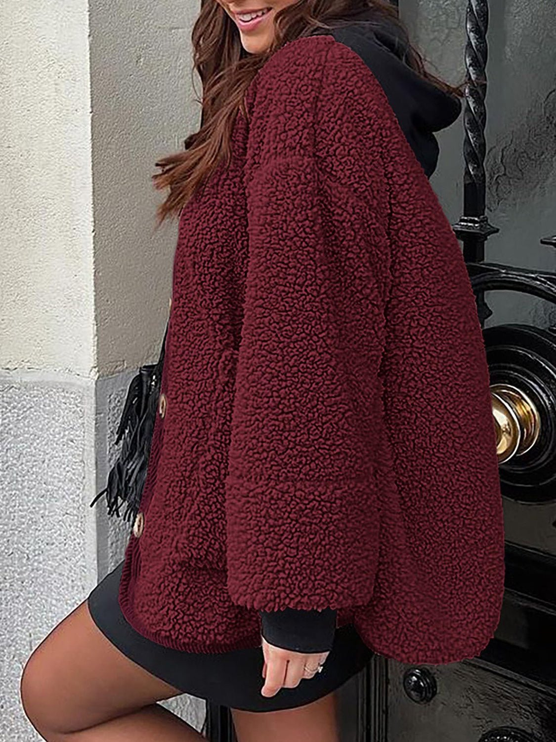 Contrast Button Up Sherpa Jacket with Pockets - Bella Blue Styles