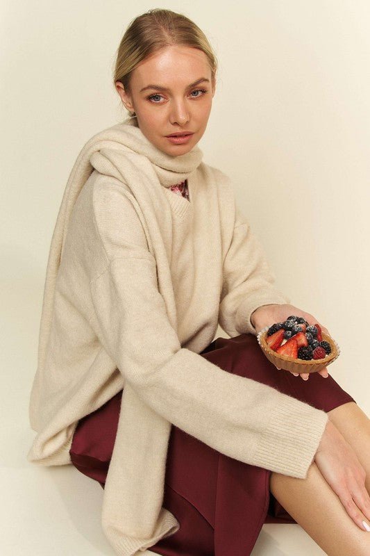 Davi & Dani V - Neck Dropped Shoulder Sweater with Scarf - Bella Blue Styles