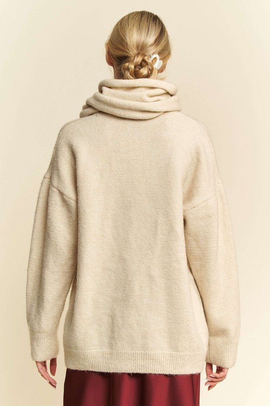 Davi & Dani V - Neck Dropped Shoulder Sweater with Scarf - Bella Blue Styles