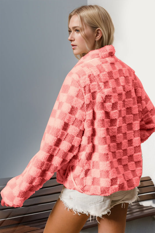 Double Take Checkered Long Sleeve Fuzzy Jacket - Bella Blue Styles