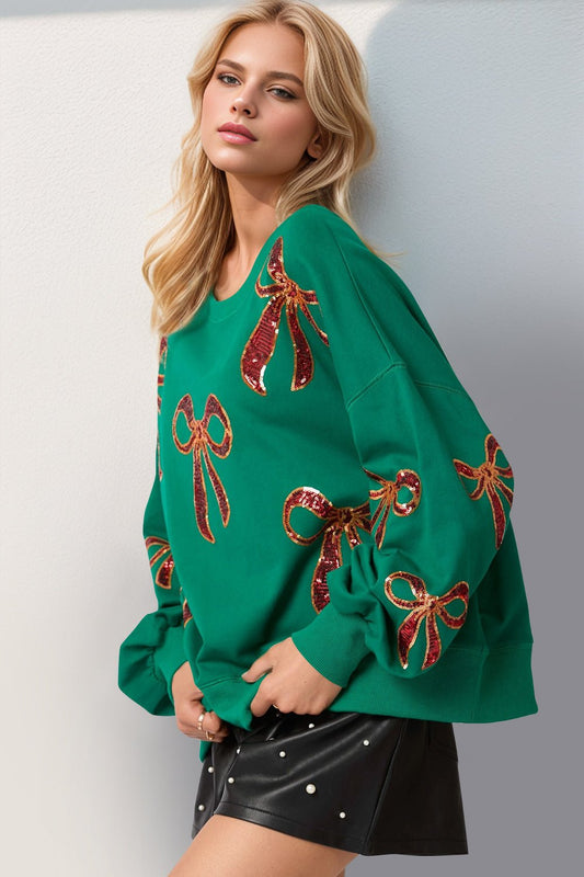 Double Take Christmas Bow Sequin Round Neck Dropped Shoulder Sweatshirt - Bella Blue Styles