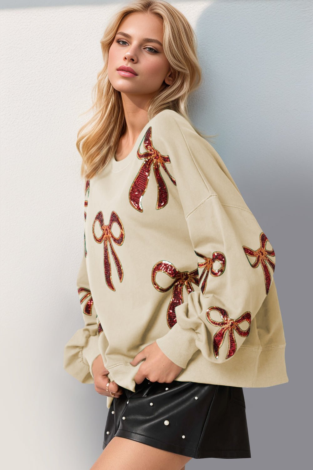 Double Take Christmas Bow Sequin Round Neck Dropped Shoulder Sweatshirt - Bella Blue Styles