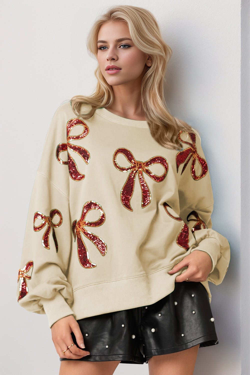 Double Take Christmas Bow Sequin Round Neck Dropped Shoulder Sweatshirt - Bella Blue Styles