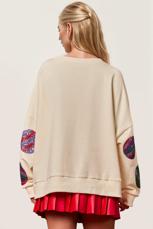 Double Take Christmas Element Sequin Round Neck Long Sleeve Sweatshirt - Bella Blue Styles