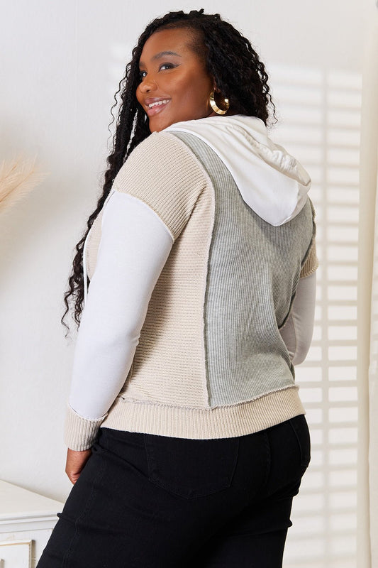 Double Take Color Block Exposed Seam Drawstring Hoodie - Bella Blue Styles