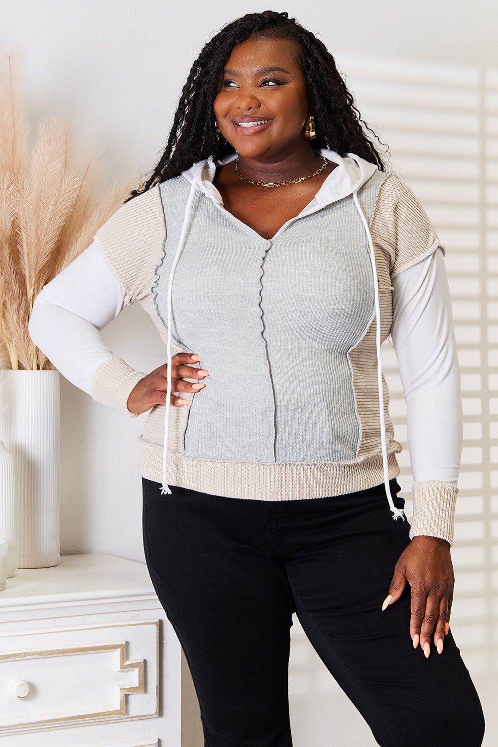 Double Take Color Block Exposed Seam Drawstring Hoodie - Bella Blue Styles