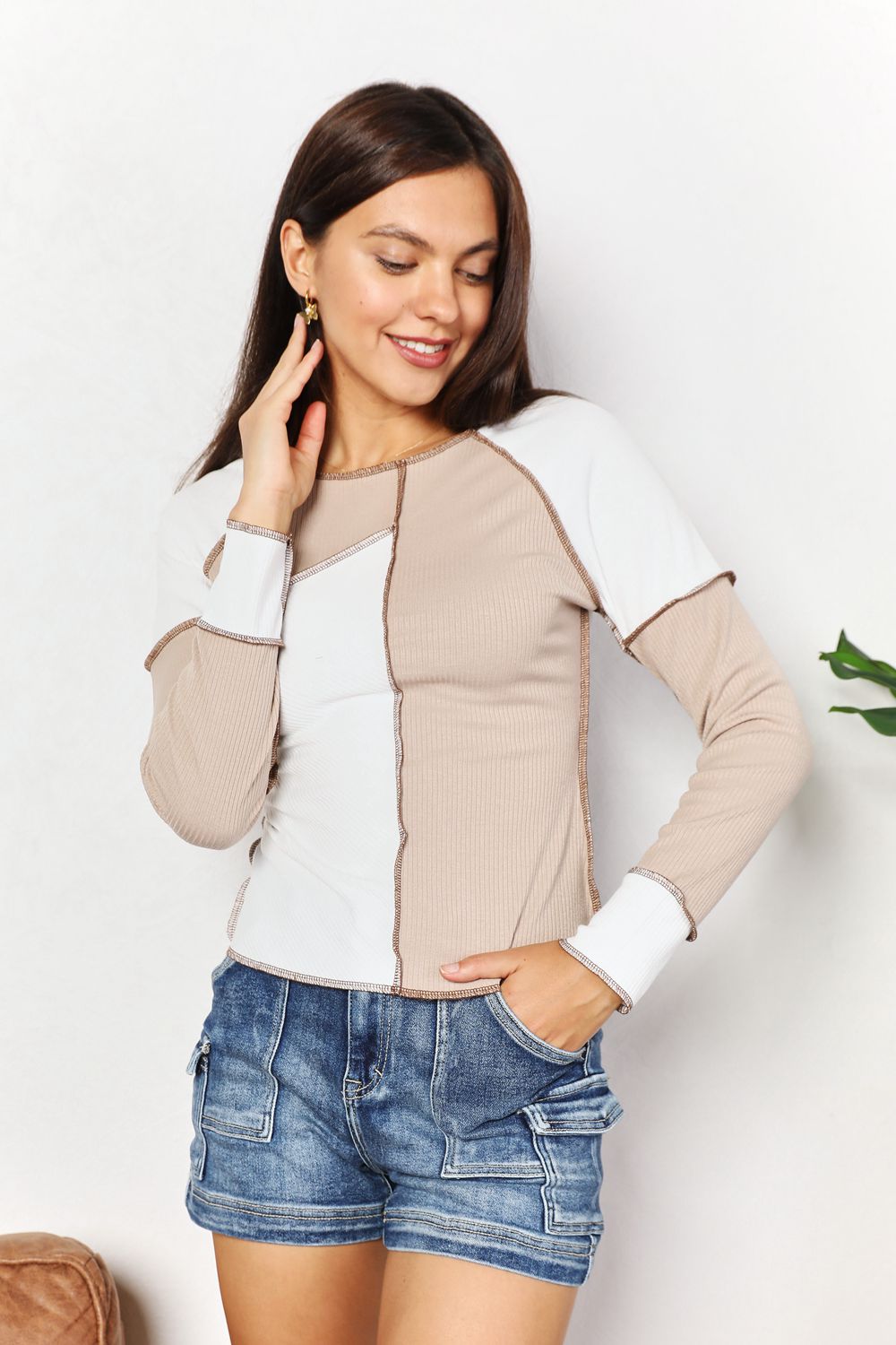 Double Take Color Block Exposed Seam Top - Bella Blue Styles