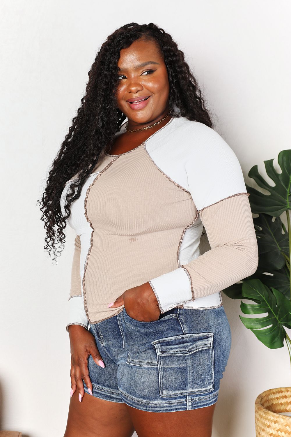 Double Take Color Block Exposed Seam Top - Bella Blue Styles