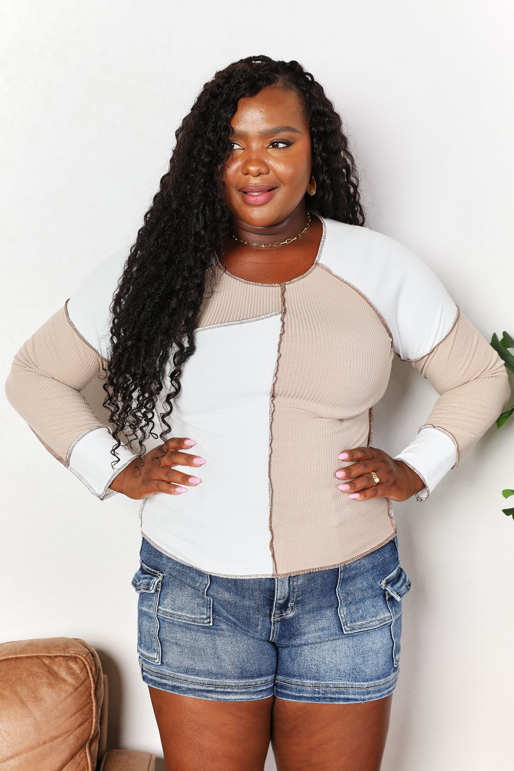 Double Take Color Block Exposed Seam Top - Bella Blue Styles