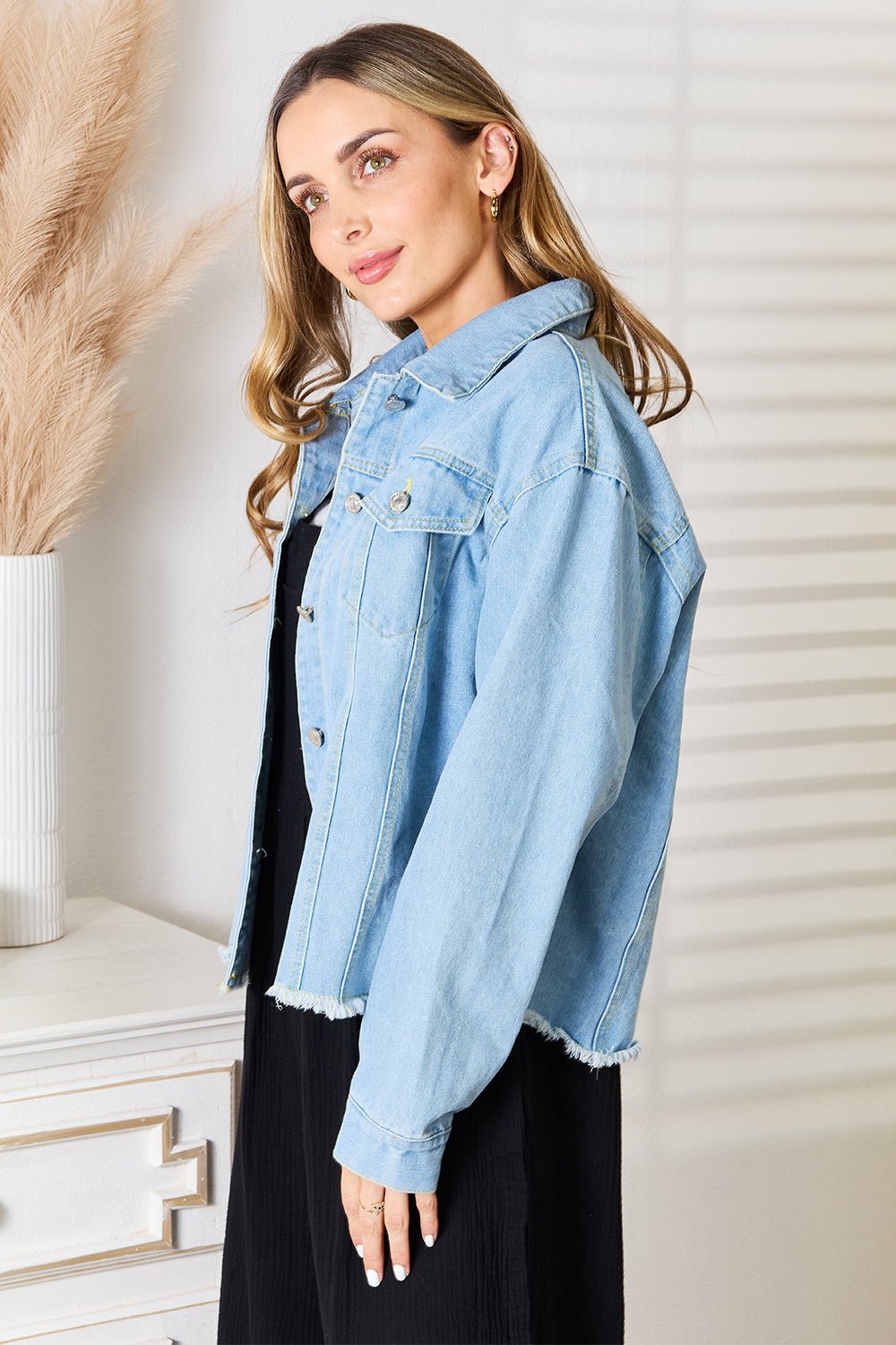 Double Take Dropped Shoulder Raw Hem Denim Jacket - Bella Blue Styles