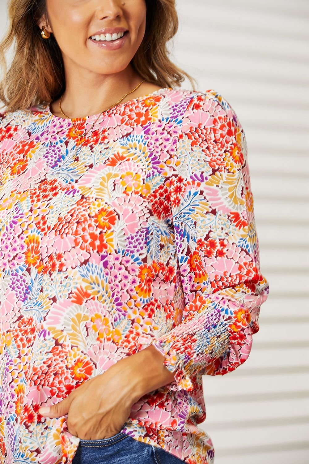 Double Take Floral Print Long Puff Sleeve Blouse - Bella Blue Styles