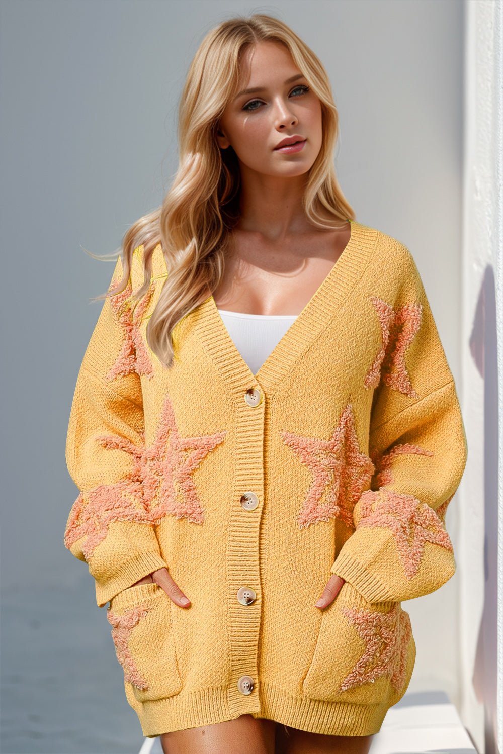 Double Take Full Size Button Up Star Pattern Cardigan - Bella Blue Styles
