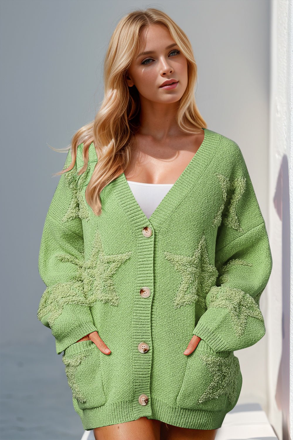 Double Take Full Size Button Up Star Pattern Cardigan - Bella Blue Styles