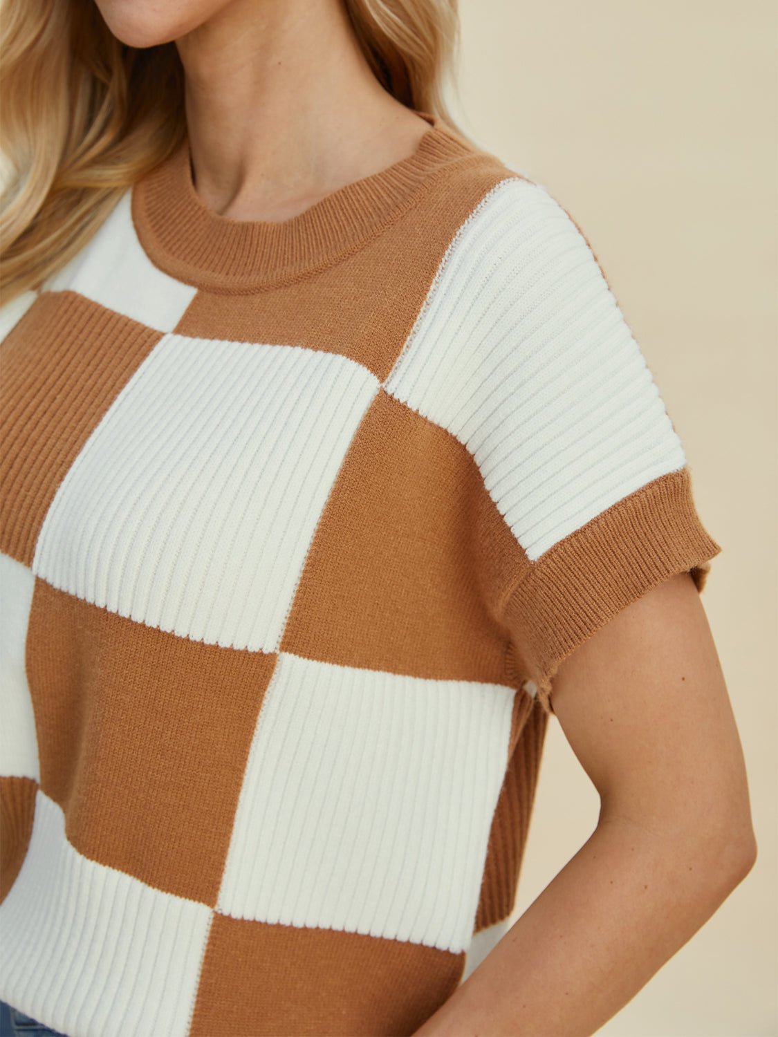 Double Take Full Size Checkered Round Neck Short Sleeve Sweater - Bella Blue Styles