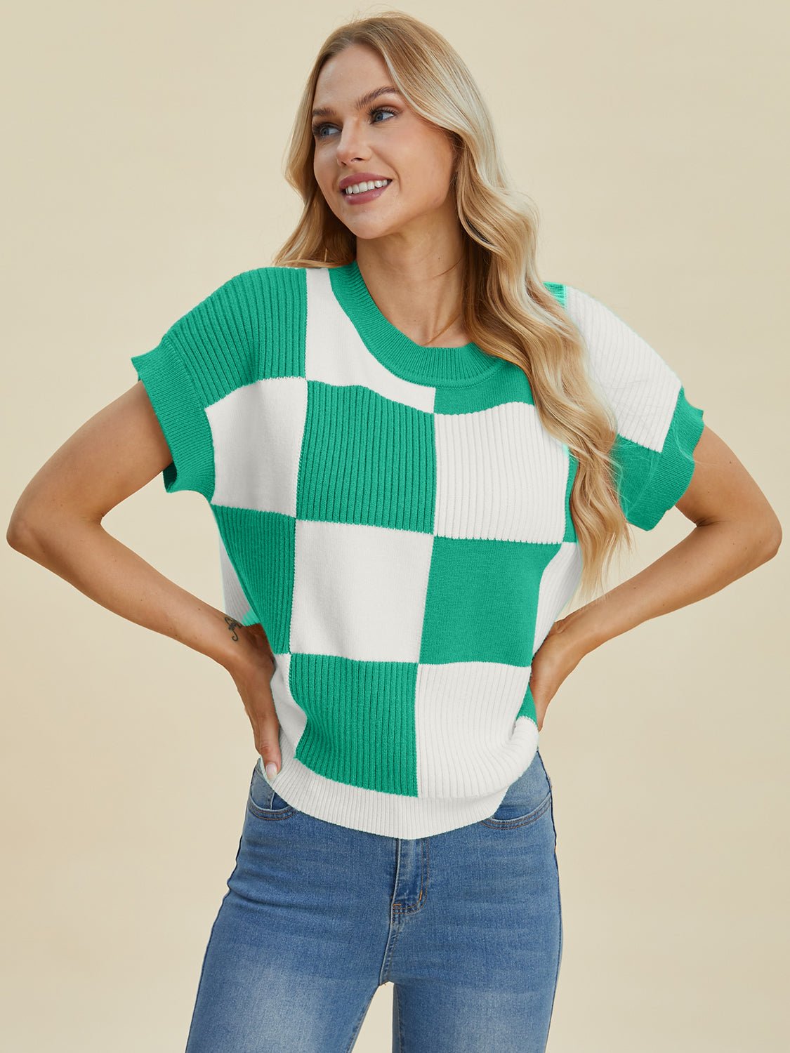 Double Take Full Size Checkered Round Neck Short Sleeve Sweater - Bella Blue Styles