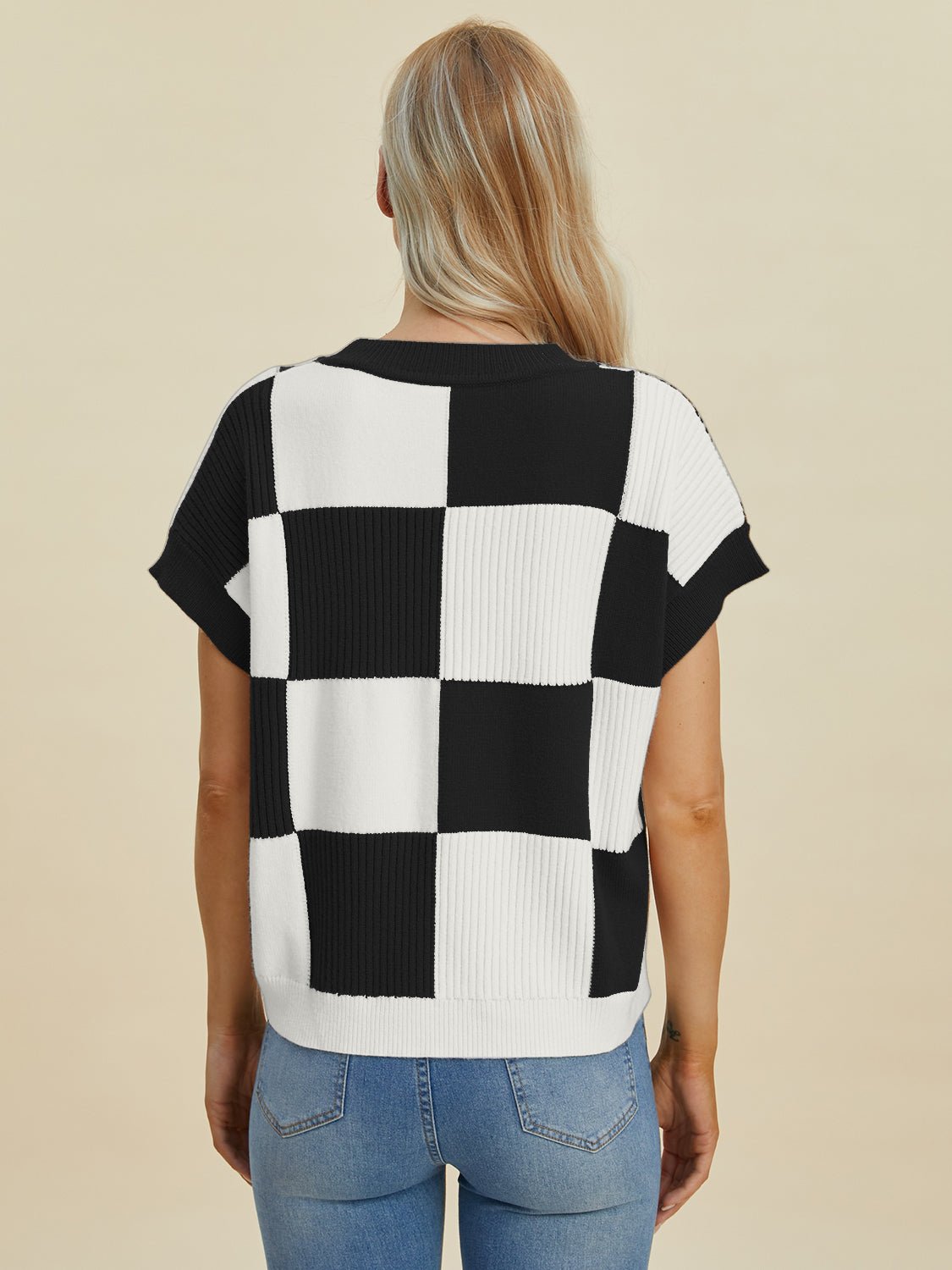 Double Take Full Size Checkered Round Neck Short Sleeve Sweater - Bella Blue Styles
