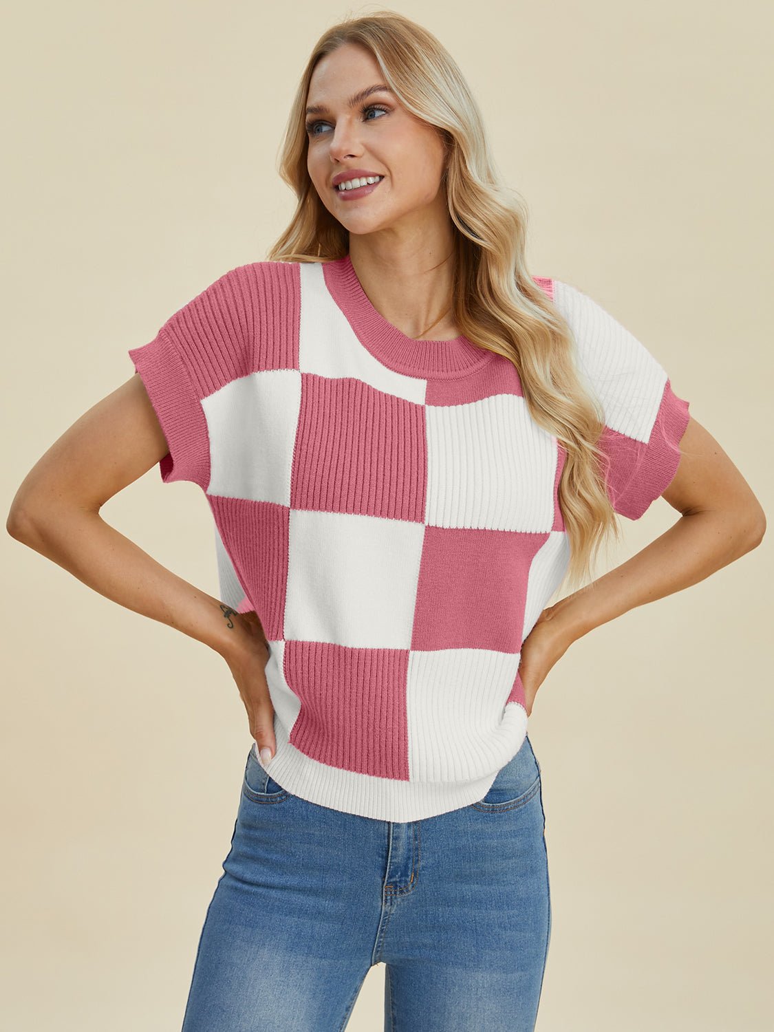 Double Take Full Size Checkered Round Neck Short Sleeve Sweater - Bella Blue Styles
