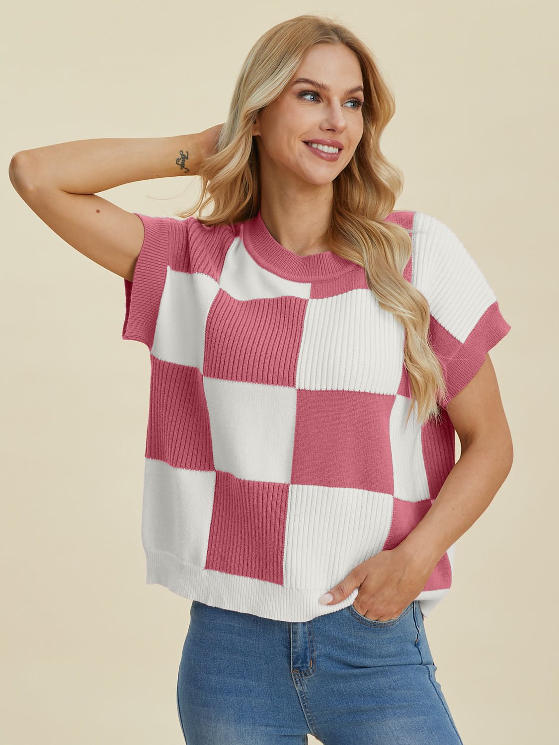 Double Take Full Size Checkered Round Neck Short Sleeve Sweater - Bella Blue Styles